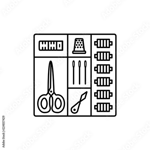 Black & white vector illustration of sewing kit in box. Line icon of quilting, patchwork & needlework tools in one set. Scissors, threads, needles. Isolated on white background.