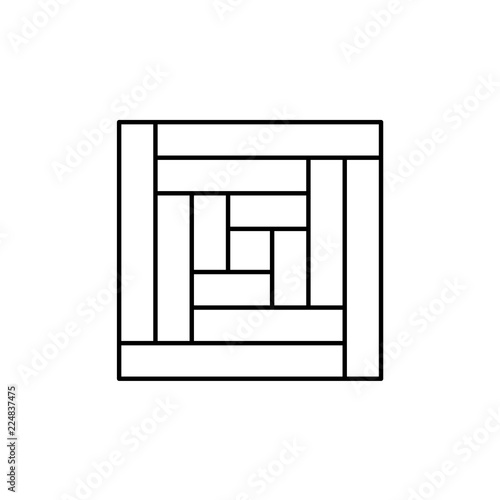 Black & white vector illustration of log cabin quilt pattern. Line icon of quilting & patchwork geometric design template. Isolated on white background.