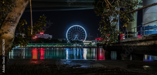 View of illuminated Ferris wheel on riverbank
