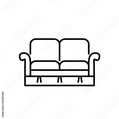 Black & white vector illustration of loveseat. Double sofa. Line icon of settee. Element of modern home & office furniture. Isolated on white background