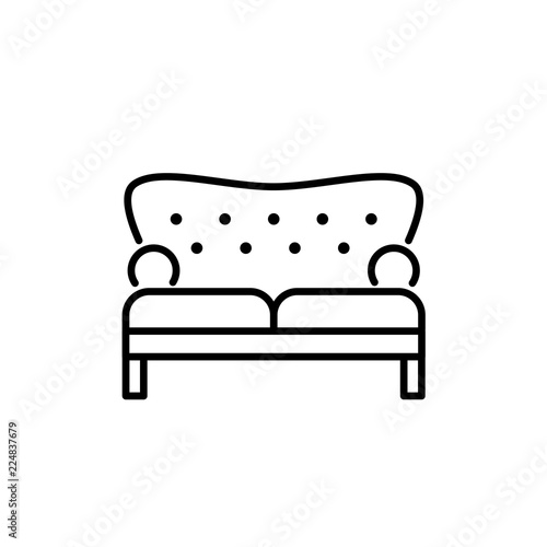 Black & white vector illustration of  vintage loveseat. Double sofa. Line icon of settee. Retro home & office furniture. Isolated on white background