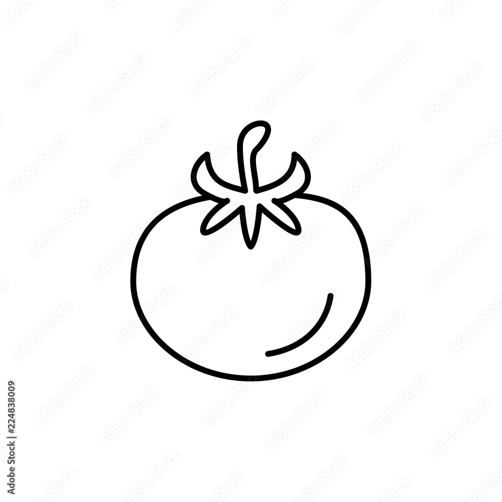 Black & white vector illustration of tomato vegetable. Line icon of fresh organic tomato veggie with leaves. Vegan & vegetarian food. Health eating ingredient. Isolated on white background.