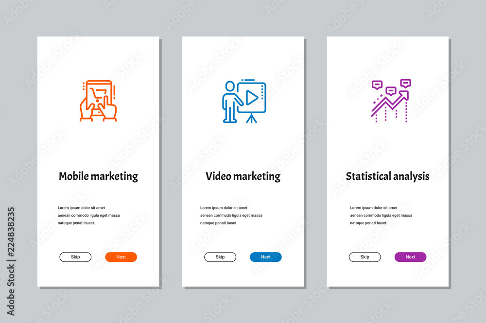 Mobile marketing, Video marketing, Statistical analysis onboarding screens