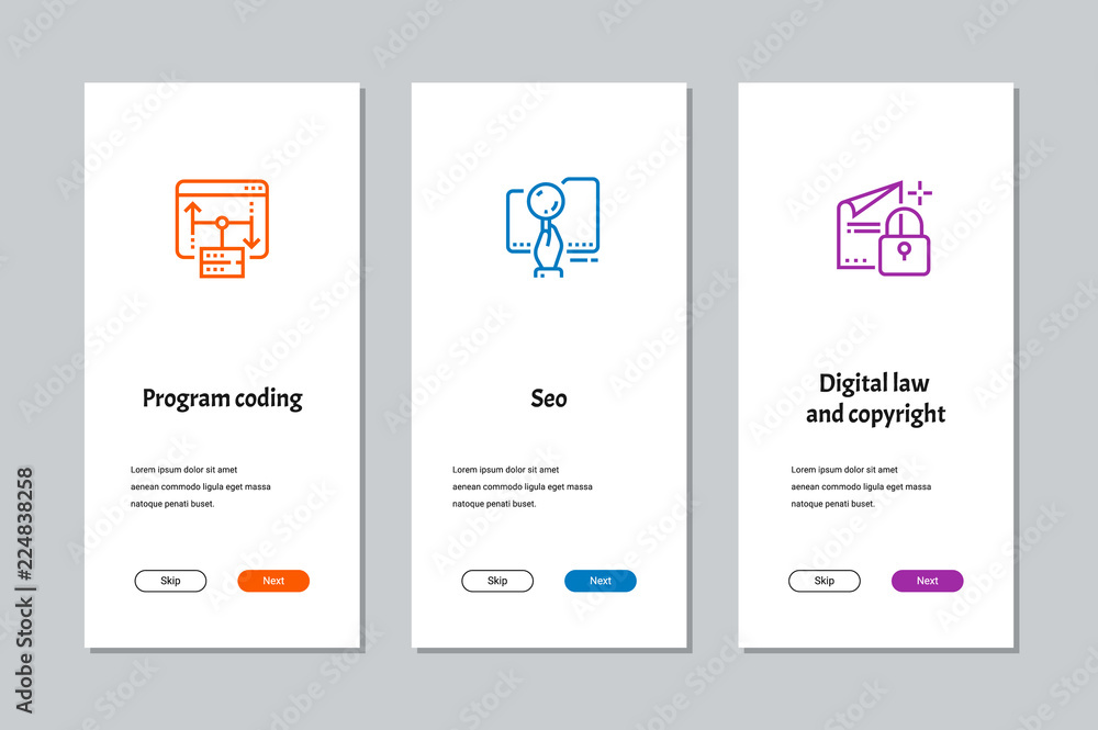 Program coding, Seo, Digital law and copyright onboarding screens Program coding, Seo, Digital law and copyright onboarding screens