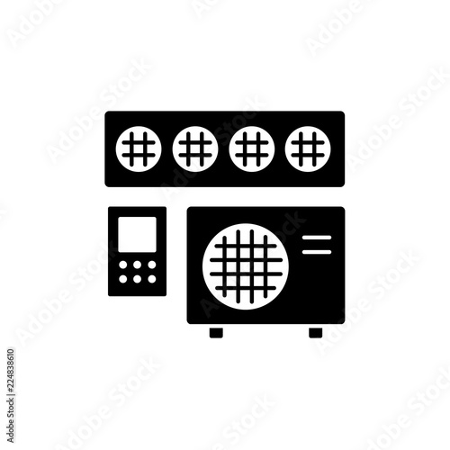 Vector illustration of ducted air conditioner with remote control panel. Flat icon of heat regulation appliance. Climate equipment for home & office. Isolated on white background.