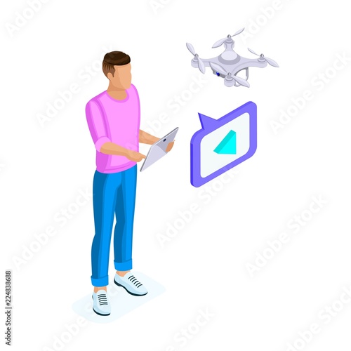 Isometric of a young man shoots video with drone quadrocopter, Remote aerial drone with a camera taking photography or video recording game. Vector illustration