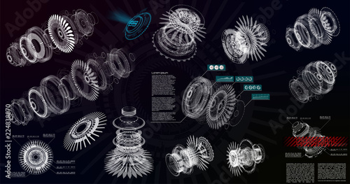 HUD UI for App. Modern 3d Blueprint, Details, Mechanisms Set, Jet Engine. Futuristic User Interface. Mechanical Diagram, Vector Drawing With Circles and Geometric Parts of The Mechanism. HUD Style