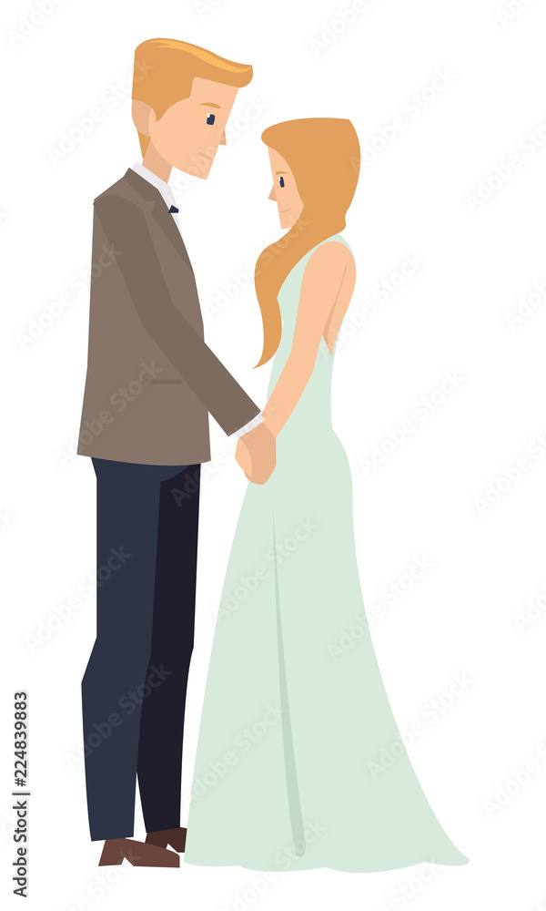 young caucasian married couple holding hands in wedding ceremony