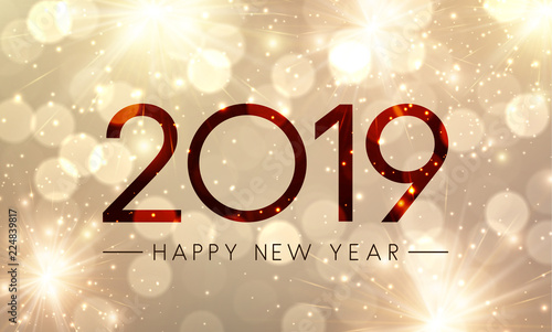 Shiny Happy New Year 2019 poster with gold fireworks.