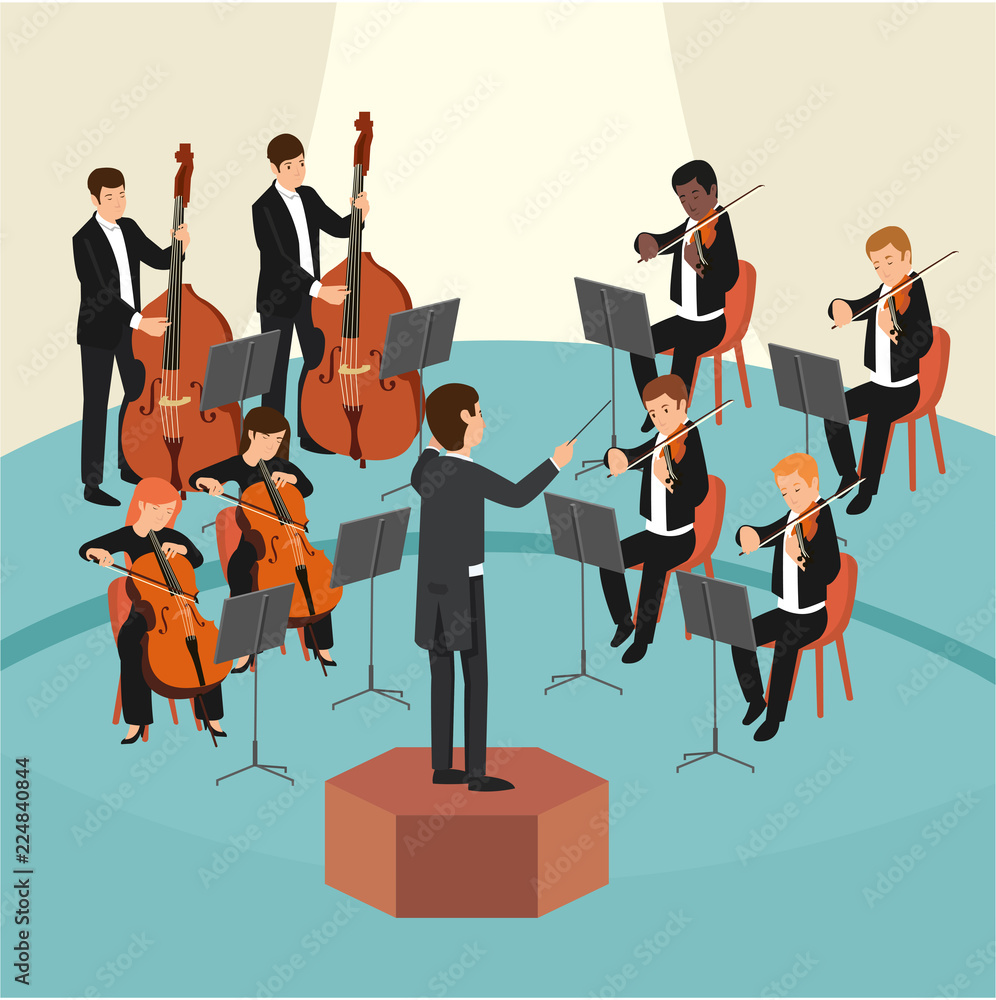 Set Of Orchestra Group With The Conductor On Stage Stock Vector Adobe Stock