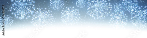 Blue shiny festive banner with fireworks.