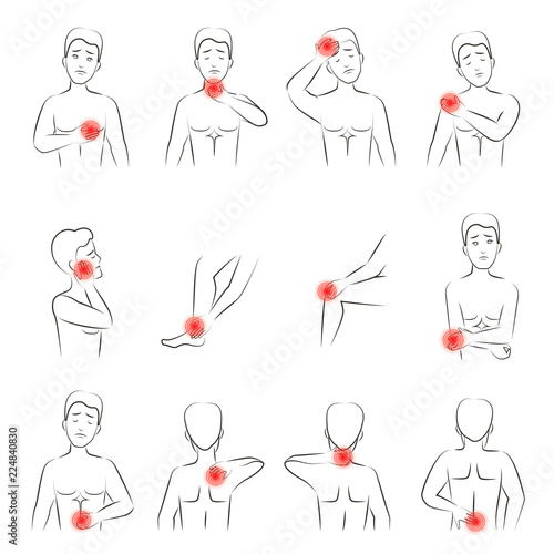 Outline vector illustration of man pain set. Line man feeling pain in different body parts.