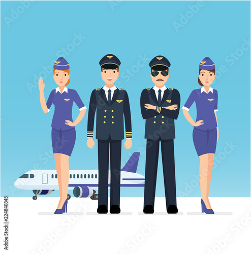 Set of pilot and airplane crew at the airport