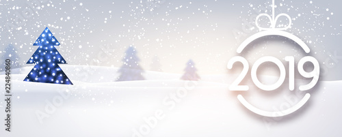 Blue 2019 New Year banner with winter landscape.