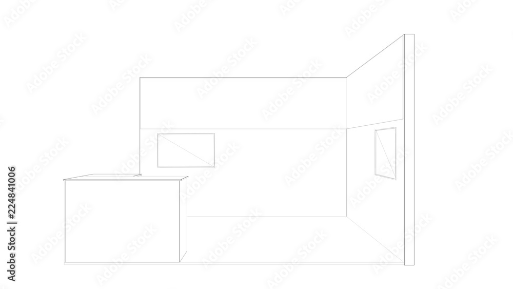 3d rendering of an outlined white exhibition stand with light for different uses