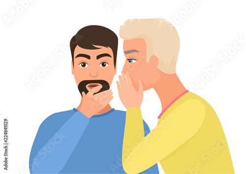Man gossiping, says rumors to other man character. Gossip man flat vector illustration.