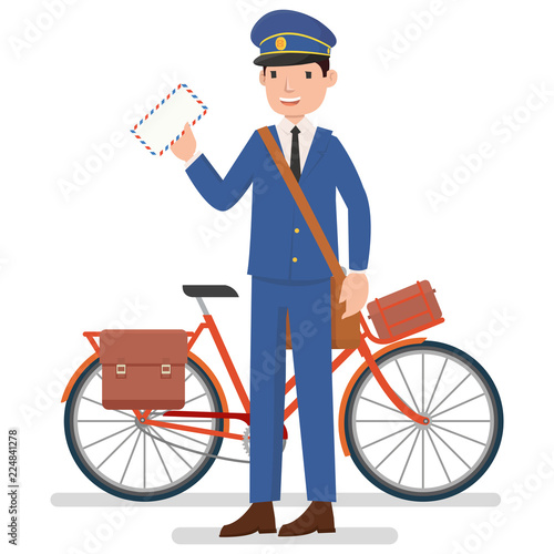 A postman with the bicycle are send a letter
