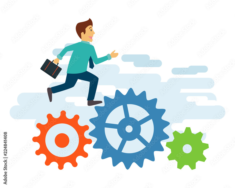 Young businessman walking to the success trough gear set Young businessman walking to the success trough gear set
