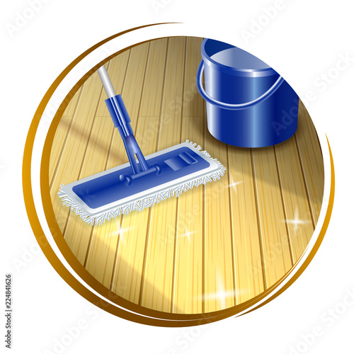 Mop cleaning dirty wood floor to shiny icon. Insoled on white background. Vector illustration.