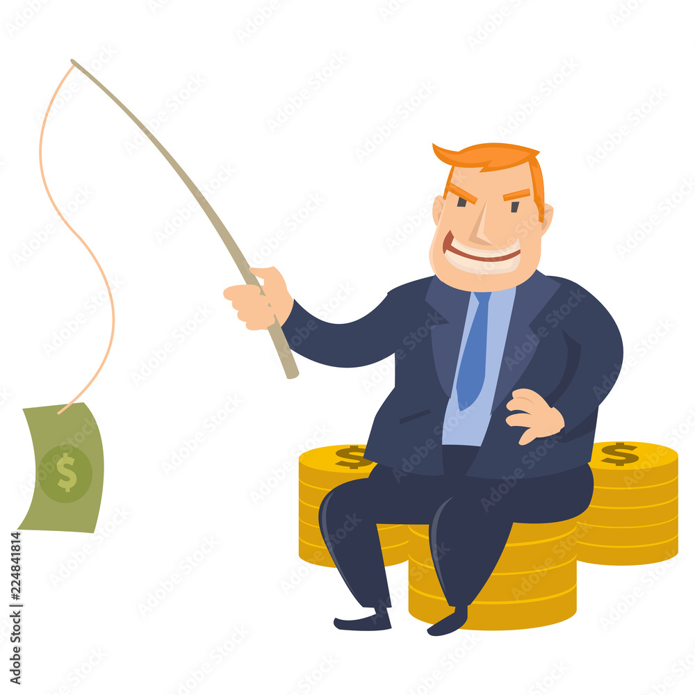 Funny fat men capitalists in black suit with money in his fishing rod Stock  Vector