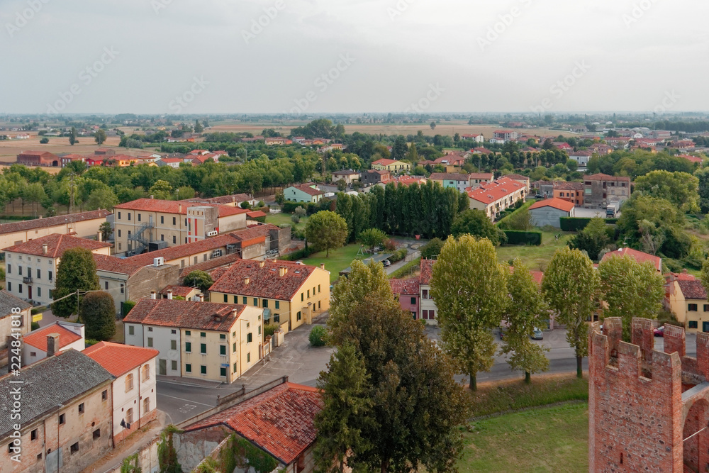 Montagnana, Italy - August 24, 2018: Panoramic view of the city fortress from the tower.