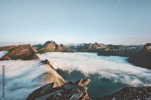 Mountains and clouds waterfall landscape aerial view in Norway Travel locations tranquil scenery Senja islands © EVERST