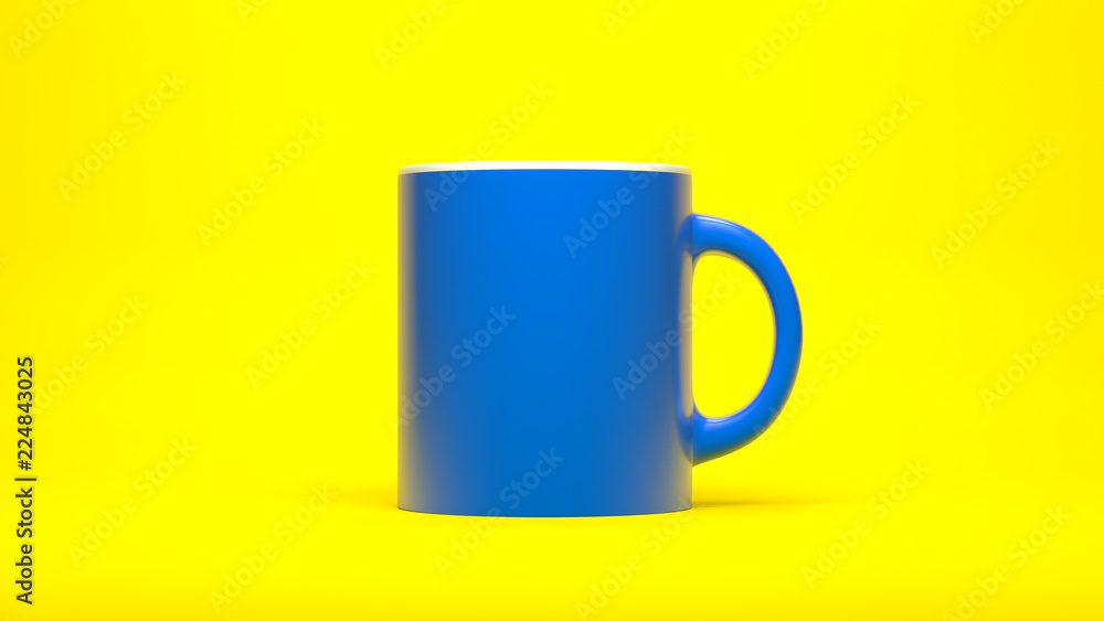 Blue cup on yellow background. 3d Realistic Render Illustration. Blue cup on yellow background. 3d Realistic Render Illustration.