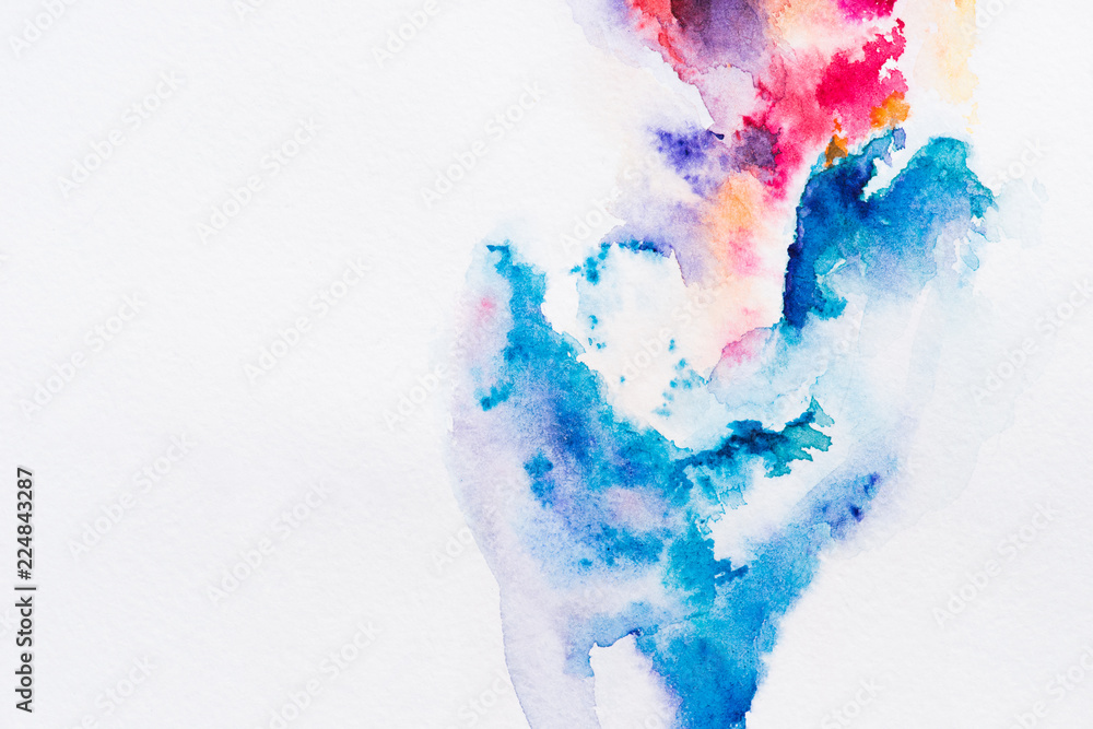 abstract painting with red and blue watercolor paints on white background