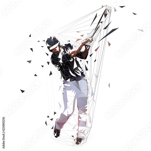 Baseball player in black jersey swinging with bat, isolated low polygonal vector illustration. Front view