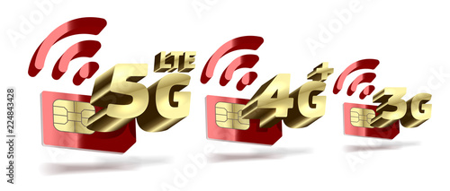 3G 4G 5G vector gold icon. Mobile red sim card.