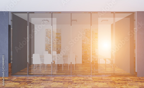 3D rendering. Business Center. Meeting room in a modern office with blue walls and partitions Fiberglass. Sunset.