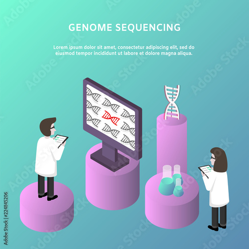 Isometric genome engineering and sequencing concept. Scientific research, nanotechnology concept with characters. Isometric dna poster, banner. Vector illustration eps10