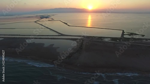 Aerial shot of Ebro Delta estuary and rice fields. Europe, Spain, Catalonia, Province of Tarragona, Terres de l'Ebre, Deltebre, Punto de la Banya 