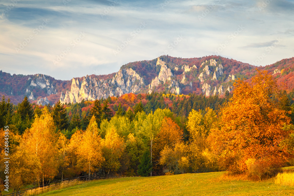 Landscape with a trees in autumn colors. Mountains in the Sulov rocks Nature Reserves, Slovakia, Europe.