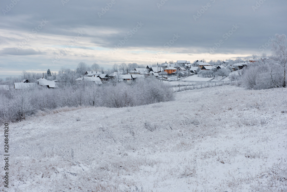 Winter mountain village landscape