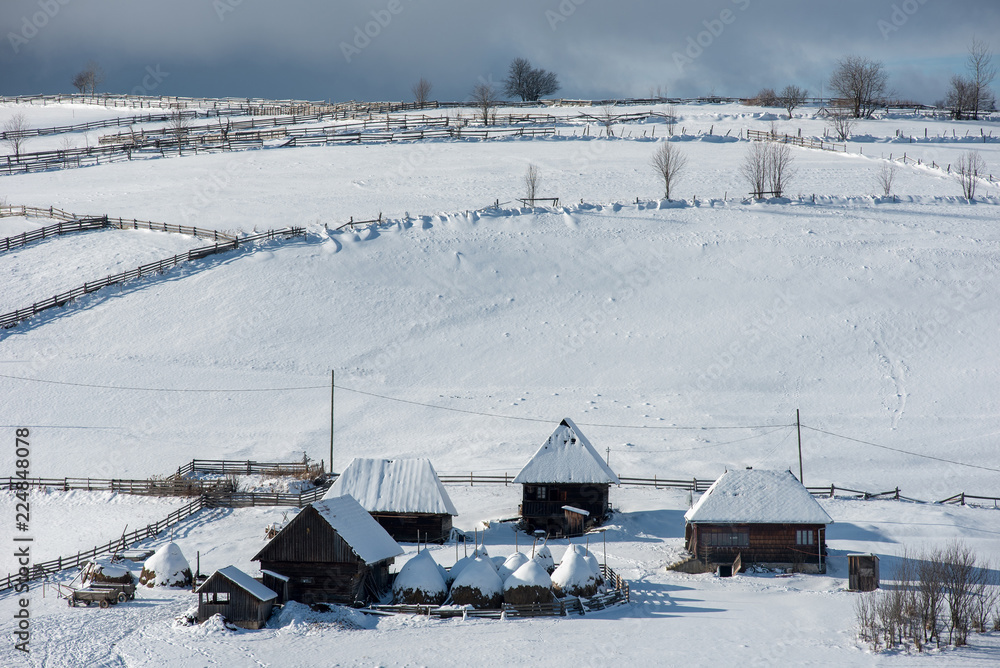 Winter mountain village landscape