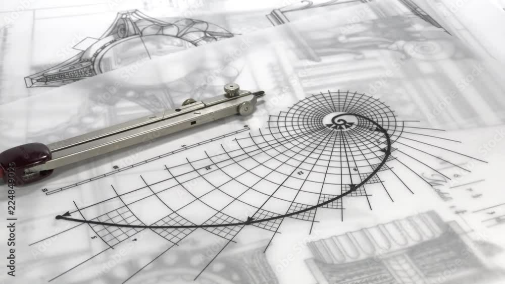Blueprints - compass, drawing of the golden section and drawings of ...