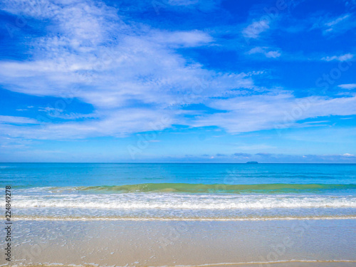 Tropical Idyllic ocean Blue sky and beautiful Beach in vacation time,Holiday on the beach,Summer concept.Thailand.