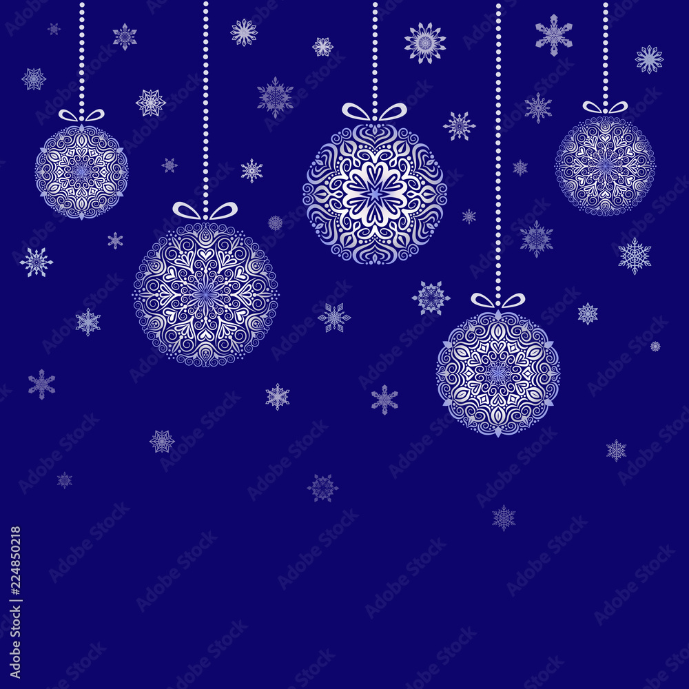 Christmas Balls hanging on blue background snowflakes Christmas Balls hanging on blue background snowflakes