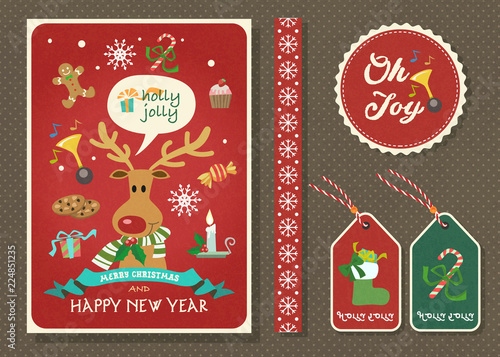 Merry Christmas and Happy new year vector greeting card set.
