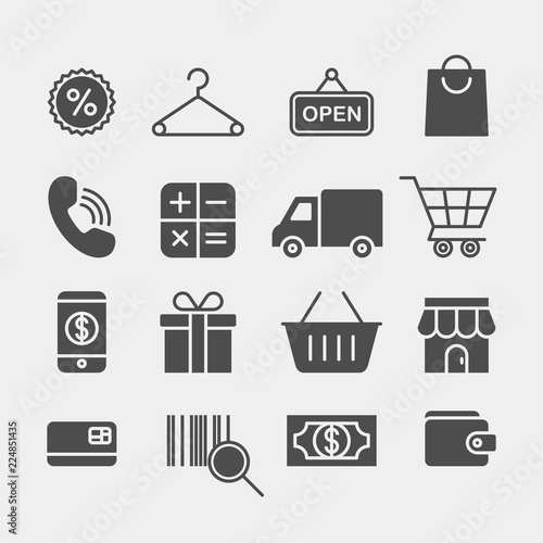 Shopping flat vector icons set. Shopping spree flat vector icons set. In a store flat vector icons set