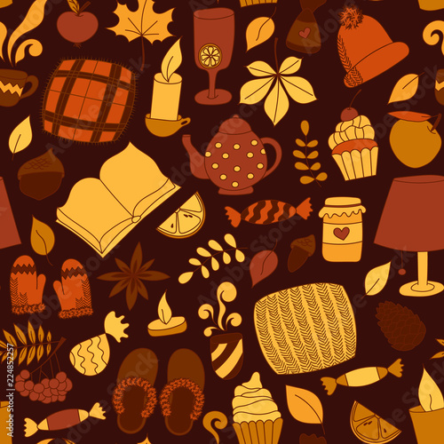 Hand drawn hygge, cozy elements. Time to Hygge. Vector pattern. autumn sweets