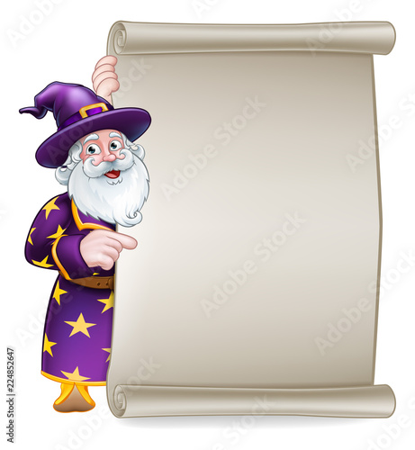 A wizard cartoon character peeking around a scroll sign and pointing at it