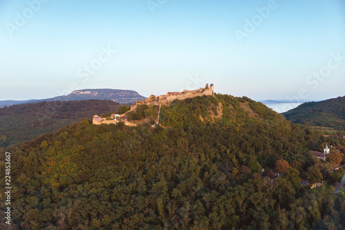 Drone picture from a beautiful ancient castle Szigliget in Hungary