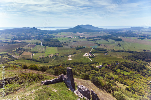 Aerial picture from a ancient castle ruin from Hungary on the volcano hill Csobanc, near lake Balaton photo