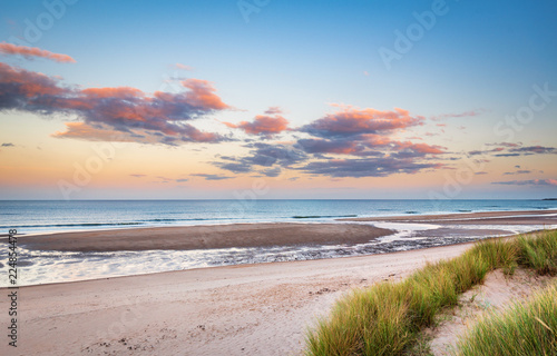 Druridge Bay Sandy Beach near sunset / Druridge Bay is a seven mile long beach in Northumberland between Amble to the north and Cresswell to the south