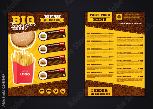 Fast food menu brochure design vector template in A4 size. flyer, baner and Layout Design. food concept.