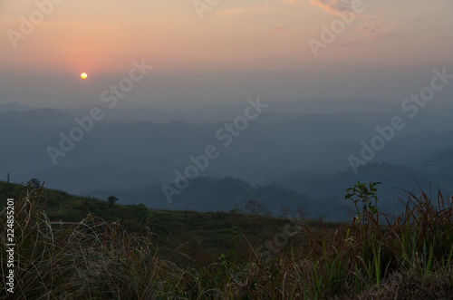 Mountain field during sunset. Beautiful natural landscape, South Thailand