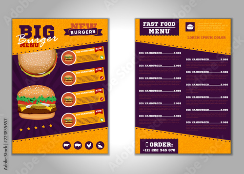 Fast food menu brochure design vector template in A4 size. flyer, baner and Layout Design. food concept.