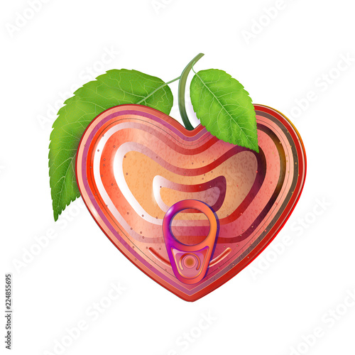 Red tin can heart with ring pull, top view. Modern Valentines sign. Packaging that represent love, jam or marmalade, Vector illustration for advertising, packaging, banner. Trendy symbol for design